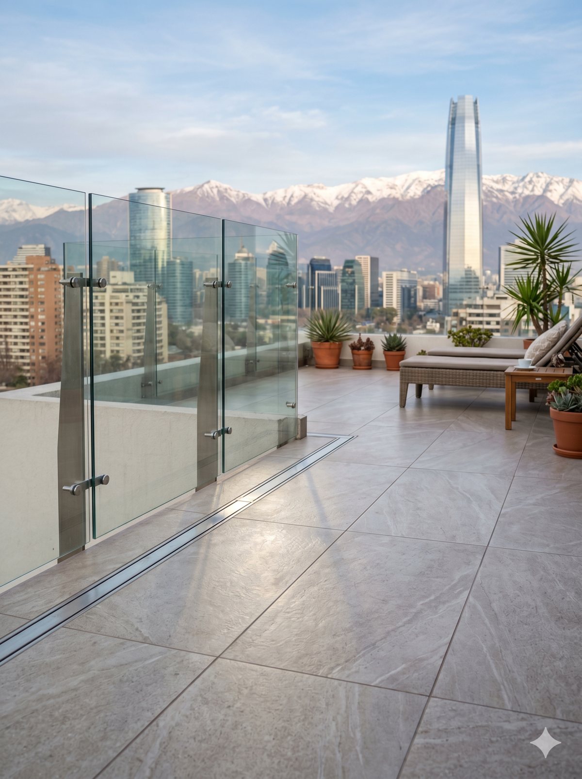Terraza terminada en la parte alta de un edificio de Santiago, con baranda de vidrio y vista a la ciudad y la cordillera