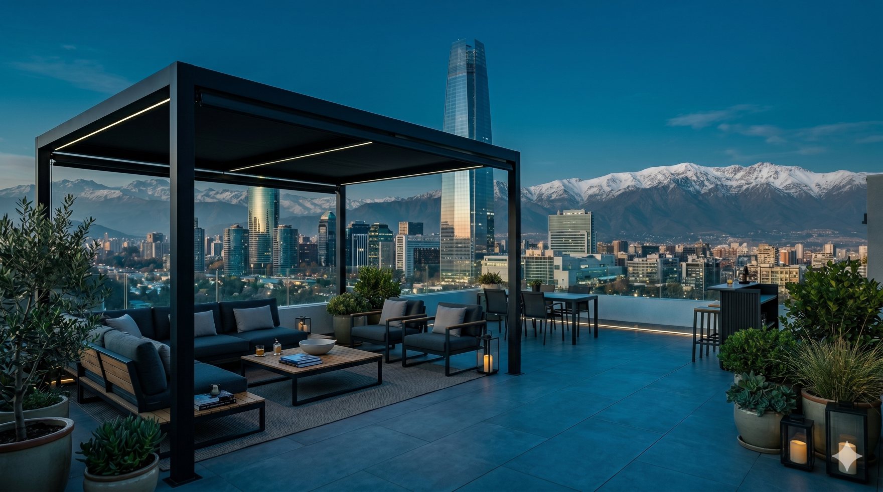 Terraza de lujo en Santiago al atardecer, con pérgola y vista a la cordillera