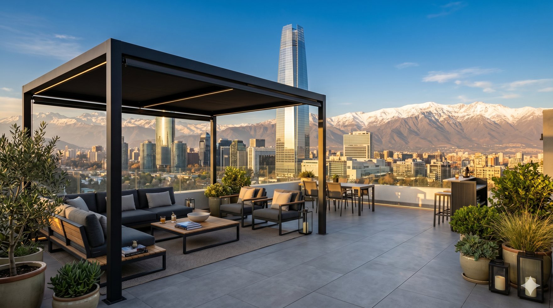 Terraza de edificio impermeabilizada y terminada, con pérgola y vista al skyline de Santiago y la cordillera