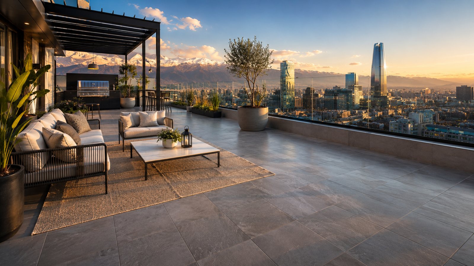 Terraza amplia terminada con vista al skyline de Santiago al anochecer